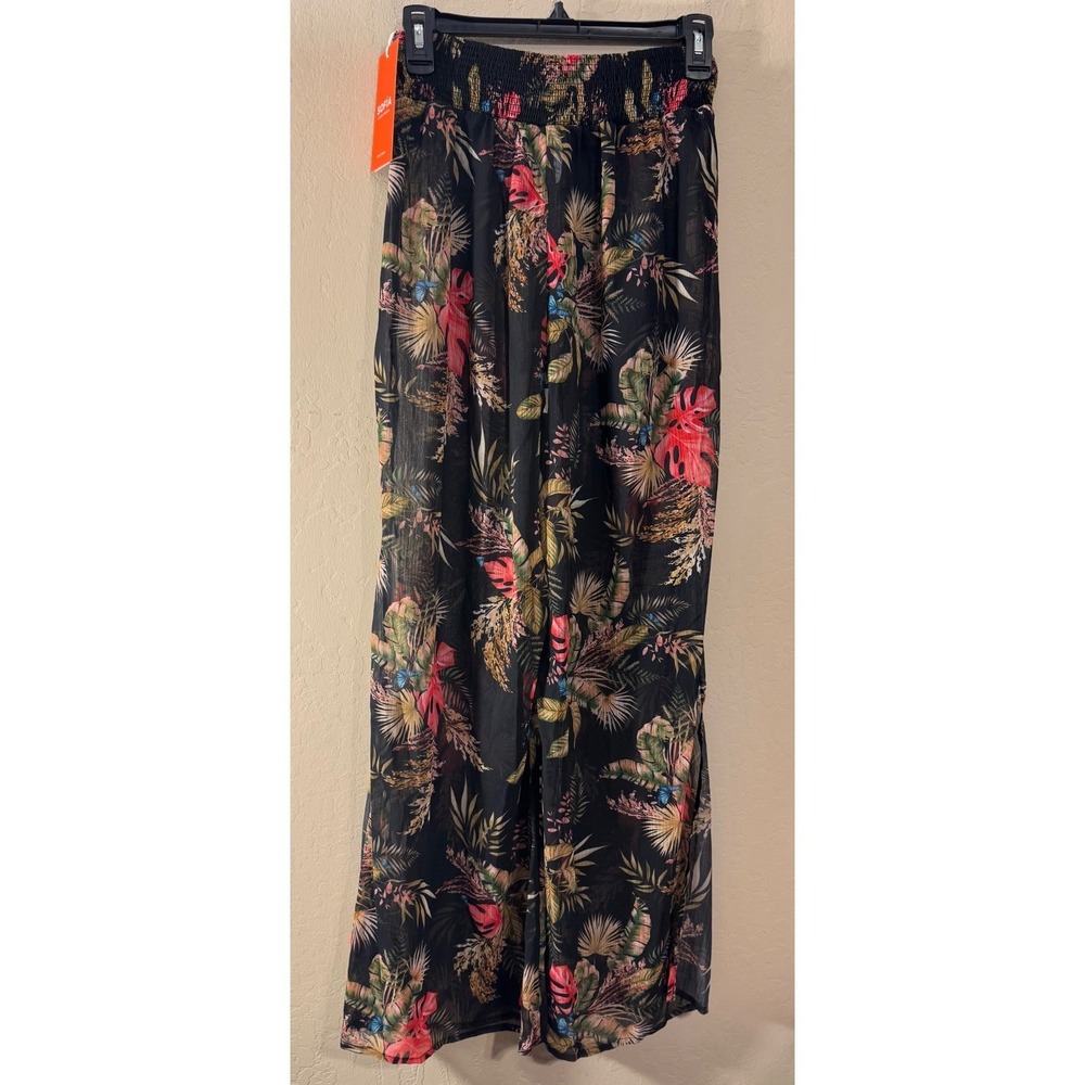 Sofia Vergara Swim Cover Up Pant Women XS Smocked Waist Black Tropical Sheer NEW